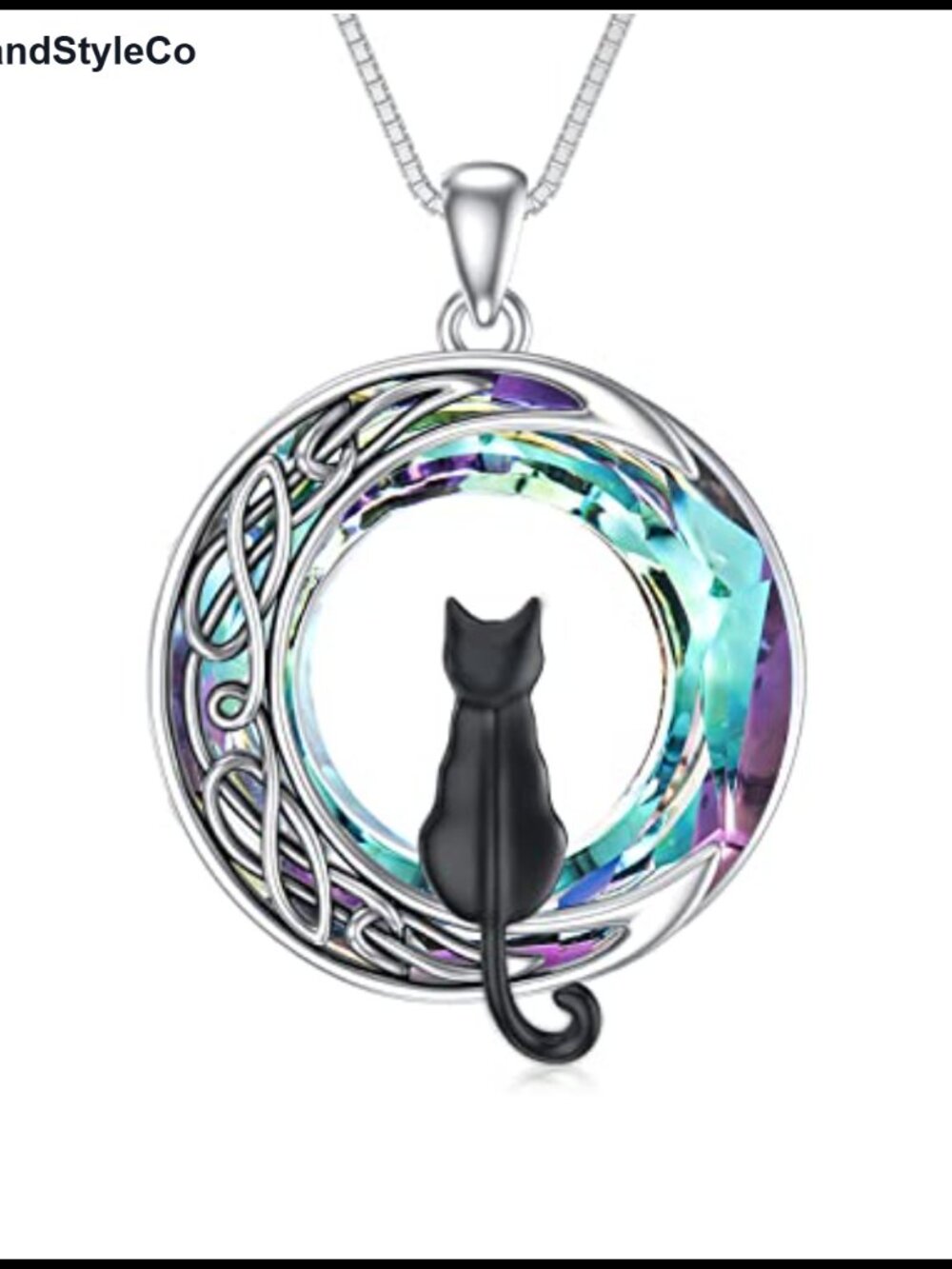 Sterling Silver Cat Moon Pendant Necklace